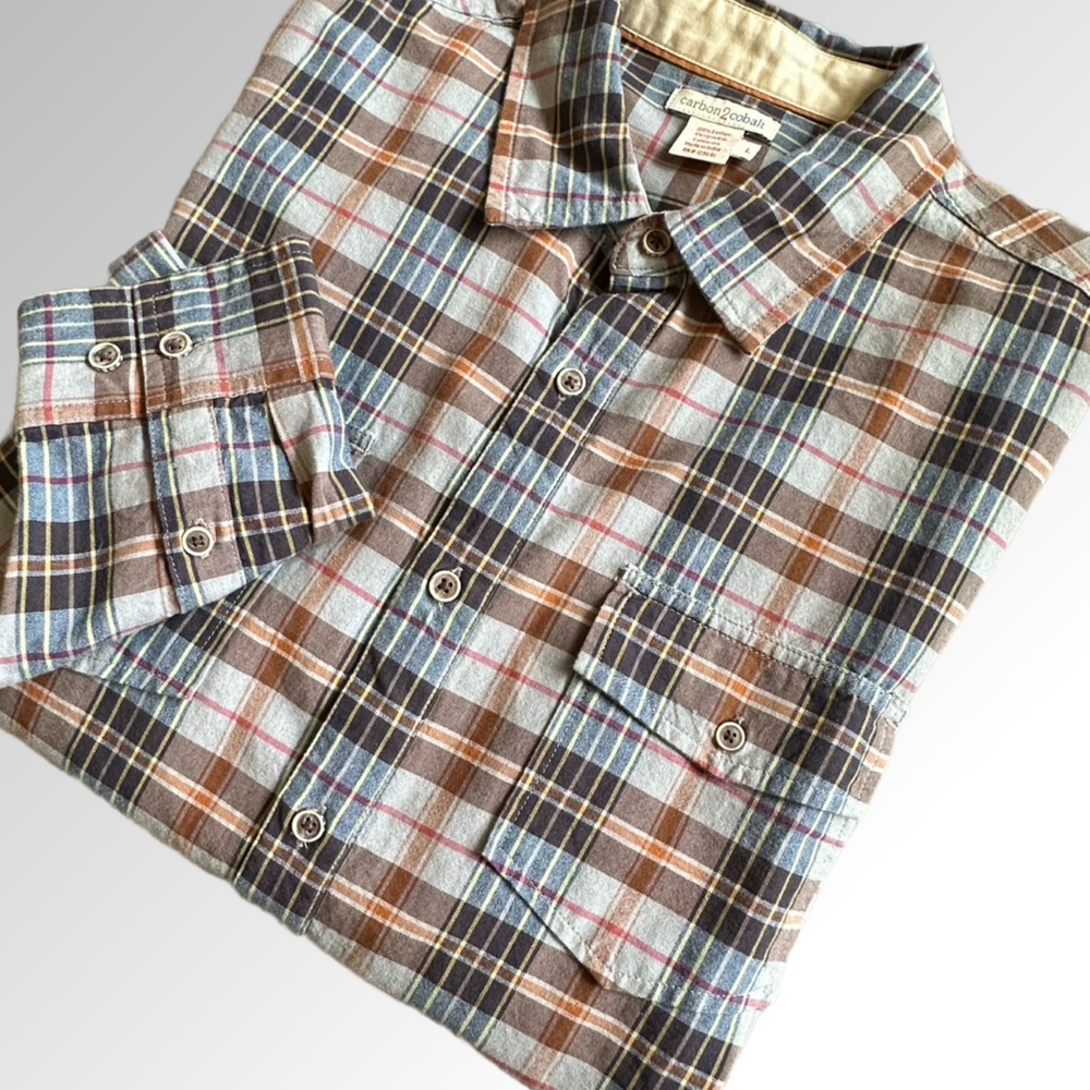 Carbon2Colbalt‎ Shirt Men’s L Blue & Brown Plaid Long Sleeve Button Down